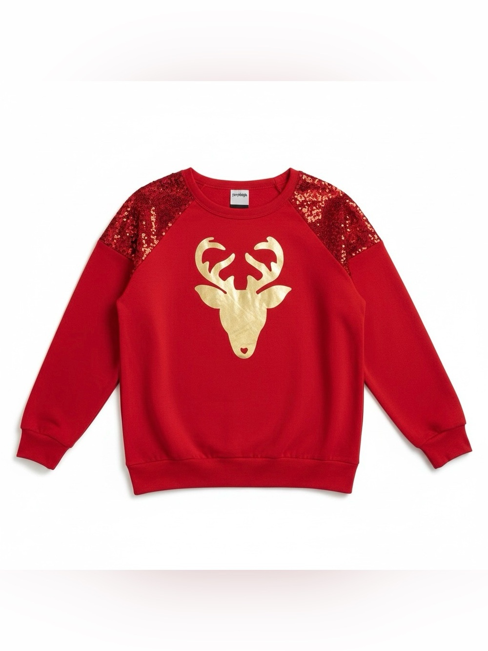Jerry Leigh holiday red sweatshirt sequined shoulders & metallic gold reindeer